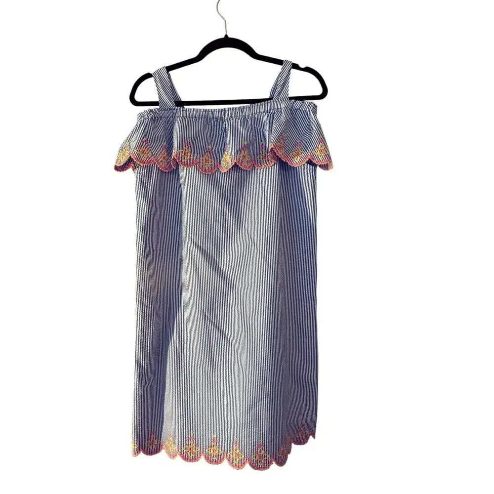 Lands End Girls Seersucker Summer Dress Girls 16 Scalloped Edges 100% Cotton
